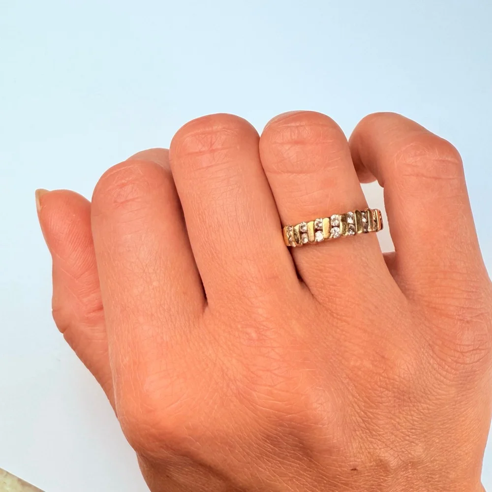 Estate 14K Solid Yellow Gold .60 TCW Natural Diamond Double Row Band VTG Ring - Picture 5 of 10
